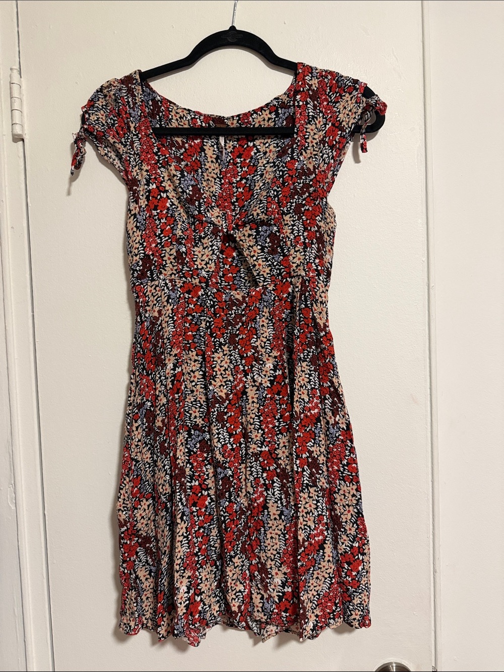 Free People Red Floral Short-Sleeve Mini Dress-xs